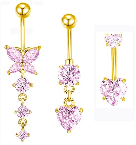 Besyvvin 3pcs Barras Ombligo Oro 10mm Anillos Ombligo Rosa Acero Quirúrgico Corazón Flor Colgante 14G Joyería Piercing Vientre