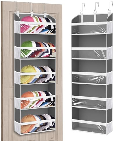 KYEVIS Holds 60 Caps Over the Door Hat Storage, 5-Tier Baseball Cap Organizer with 10 Mesh Side Pockets, Hats Racks for Wall with Clear Window, 1 Pack Grey