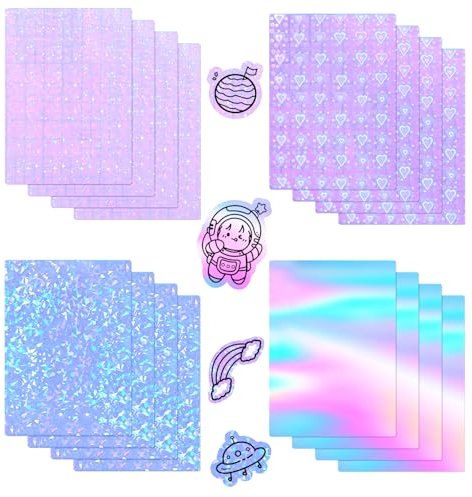 16 Blatt Hologrammfolie, A4 Holografische Klares Vinyl holografische Aufkleber Papier, Holografische Folie, Selbstklebend Transparentes Holografische Overlay Film für DIY Handwerk Dekoration, 4 Styles