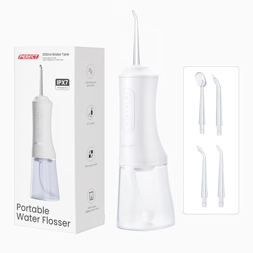 PERECT Water Flosser with 300ML Water Tank, 3 Modes, 4 Replaceable Jet Tips, Cordless Water Dental Flosser, IPX7 Waterproof, Water Flosser for Teeth Cleaning at Home and Travel(White)