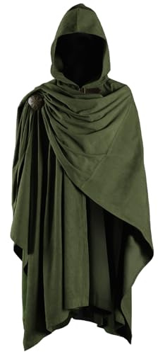 HiiFeuer Medieval Corduroy Hooded Cloak with Adjustable Brooch, Fantasy Poncho Renaissance Costume Cape Ren Faire Cosplay(Green)