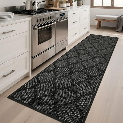 COSY HOMEER Tapis de Cuisine antidérapant 60 x 180 cm, Gris foncé | Polypropylène, absorbant, antidérapant, lavable, motif géométrique, pour cuisine et entrée