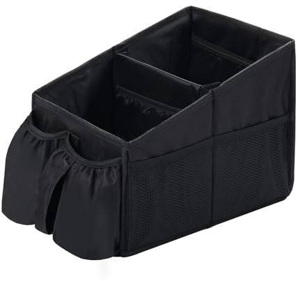 Pomodee Black Car Seat Organiser for Front and Back Seats,Foldable Car Storage with 2 Cup Holders,Van Seat Organiser,Trunk Organisation