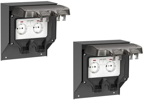 ledscom.de 2 prises POXO pour l'extérieur, IP65, 2x, acier inoxydable, anthracite/noir, carré, 20 cm