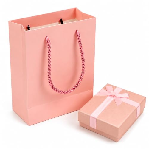 Lafefe Jewellery Gift Box with Bag Set, Small Gift Boxes with Lid, Ribbon Jewellery Box with Foam Insert 9×7×3cm for Ring, Necklace, Earrings, Gift Packaging - Peach Pink