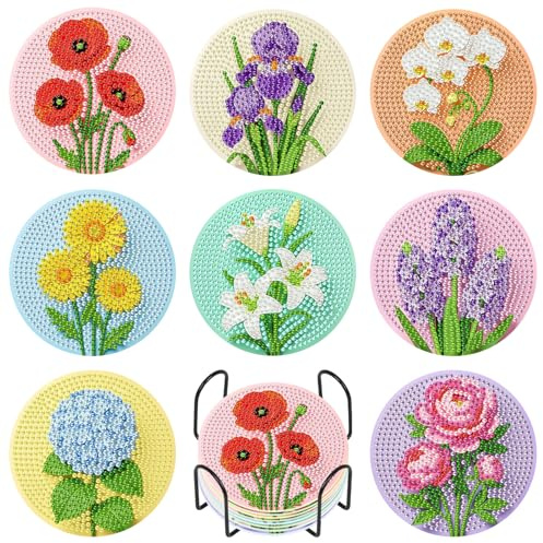 8 Pack Flowers Diamond Art Coasters Set with Holder and Cork Backing | Diamond Painting Coasters Kit, for Adults Beginner, Non-Slip , Full Drill, Acrylic, Home Decor, Relaxing Hobby, Handmade Gift