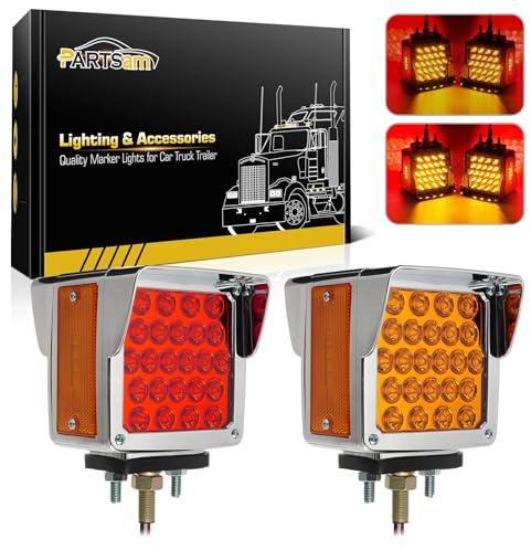 Partsam Pair Truck Trailer 52 LED Red/Amber Square Double Face Pedestal Fender Stop Turn Tail Lights Three Stud Mount Bezel Visor Waterproof Replacement for Peterbilt/Kenworth/Freightliner Trucks