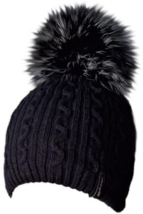 MERRYLAND Mütze Schwarz Echtfellbommel Pudelmütze ECHTFELL Bommelmütze Black Hat Real Fur Beanie Handmade Fellbommel Echt Fell Strickmütze Fellmütze Bommel Pelzbommel Pelz