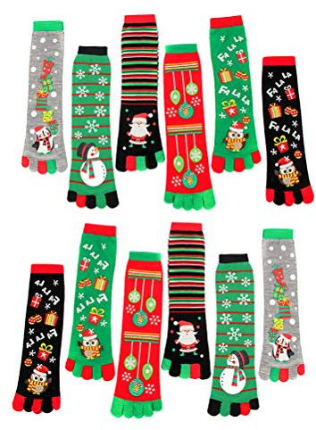 TENDYCOCO calcetines de Navidad para los dedos de los pies, calcetines coloridos, de cinco dedos de los pies, acogedores para mujeres, 6 pares