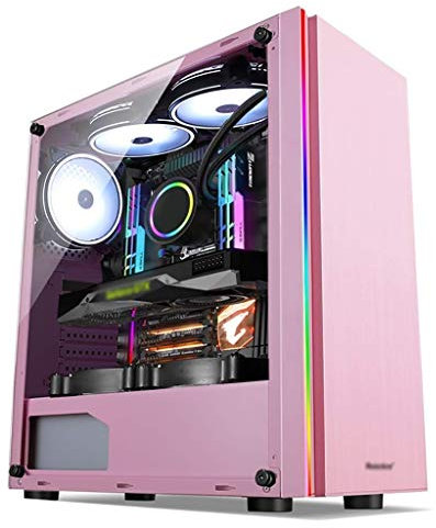 ZXFF Caja De La Computadora, Cáscara De Juego De PC De La Torre Media ATX/M-ATX/ITX, Barra De Luz Mágica, USB3.0 / USB 2.0 × Sistema De Gestión De Paneles Laterales De Cristal Templado-Rosa