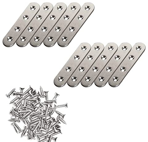 WENRENMK 10 Stück Holzverbinder Flachverbinder, 76 x 16 x 2 mm Verbindungsplatte Edelstahl, Verbinder Metall, mit 40 Schrauben, für Anschluss, Möbelreparatur