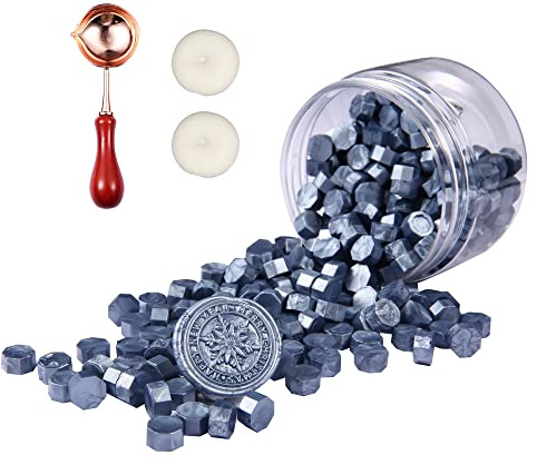 Comealltime Conjunto de 248 piezas de cera para sellar, perlas de cera para sellar octagonales con 2 velas de té y 1 cuchara para derretir, cera para sellar para tampones para sellos de cera (Gris