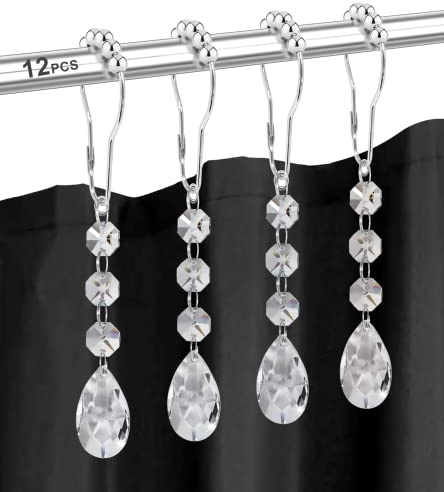 Yapicoco Shower Curtain Hooks Rings for Bathroom, 12PCS Gemstone Crystal Bead Water Drop Stainless Steel Rust Resistant Clear Shower Curtain Rings (Clear)
