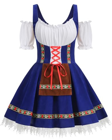 Colorful House Women's Oktoberfest Costume Adult Off-Shoulder Beer Maid Costume for Bavarian Carnival(Blue,M)