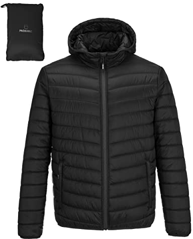 Outdoor Ventures Chaqueta acolchada para hombre, chaqueta impermeable, chaqueta de plumón, chaqueta con capucha, ligera, impermeable, chaqueta de invierno con bolsillos, Color negro., M