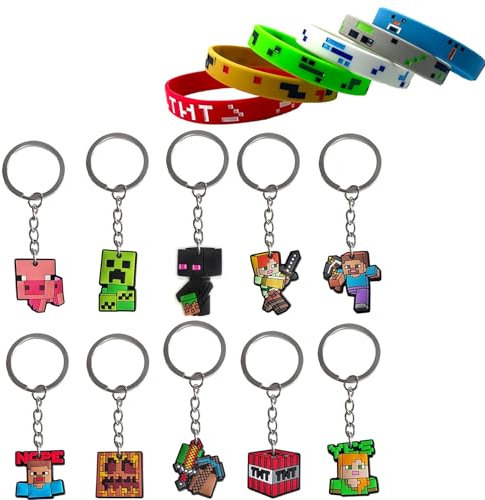 GWAWG 16 Stück Miner Schlüsselanhänger, Gummi-Armband, Geburtstagsspiel, Partyzubehör, Rucksack-Anhänger, Geburtstagsgeschenkfüller