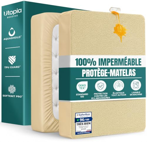 Waterproof Mattress Protector, Super King 180x200cm, Fits 40cm Deep (Beige) | Terry Top Waterproof Mattress Protector with Elastic Skirt, Oeko-Tex Certified, by Utopia Bedding