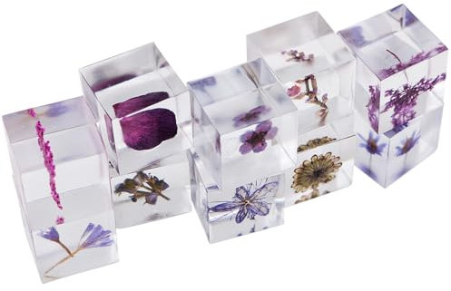 POFET 10 Stück Lila Serie Blumen Briefbeschwerer Harz für Schreibtisch, Tischdekoration mit echten geprägten Mustern Klarer quadratischer Briefbeschwerer Würfel Schreibtischdekoration