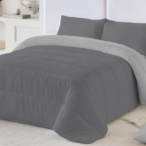 NATURALS - Edredón Nórdico 300 Gramos Liso Bicolor - Reversible - Microfibra Extrasuave - Acolchado Gran Confort y Transpirable - Gris/Gris Claro - Cama 90/105 (180x260 cm) - Fabricado en España