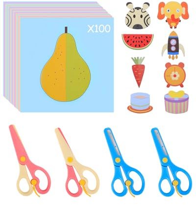 UCEC Set di 104 pezzi di taglio di carta per bambini, fai da te a partire dai 2 anni, con 4 forbici per bambini e 100 carta, forbici fai da te per bambini, giocattolo educativo prescolare per bambini