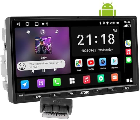 ATOTOEXCEL Autoradio 2 Din Android, CarPlay & Android Auto senza fili, 2+32G, 7 Pollici Autoradio con Schermo, Tethering de WiFi/BT/USB, 24-B EQ DSP, Scanner OBD2, Tracciamento GPS, FM/USB/TF