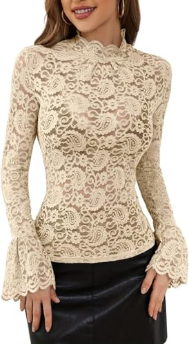 Blusa De Encaje Sexy Elegante para Mujer Blusa Transparente con Cuello Alto Y Manga Farol Blusa Ajustada Informal con Tendencia Callejera Blusas Versátiles