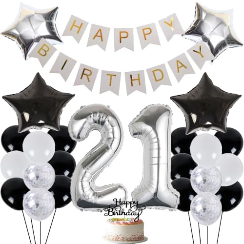 ZWWsullo 21 födelsedagsdekoration tårtdekoration 21 pojke flicka födelsedag dekoration ballong dekoration set Happy Birthday-girlang konfetti latexballonger konfettiballonger partydekoration