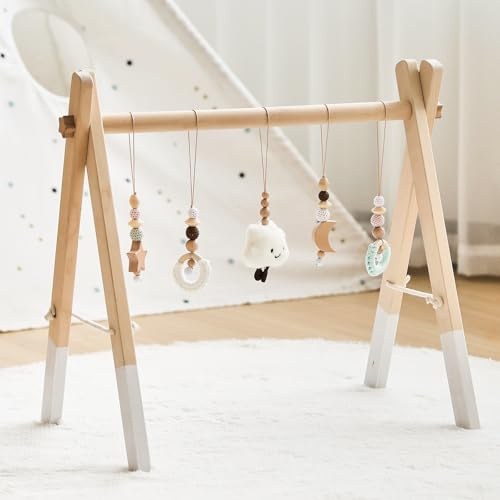 WOODEN TEETHER Gimnasio de madera para bebés, gimnasio de juego plegable para bebés con 5 juguetes sensoriales desmontables para recién nacidos, marco de madera Montessori, centro de actividades