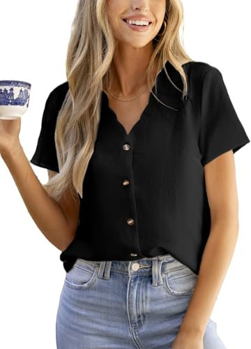 CUPSHE Damenbluse, kurzärmelig, gewellt, V-Ausschnitt, Knopfleiste, strukturiert, lässig, Sommermode 2025, Schwarz, L