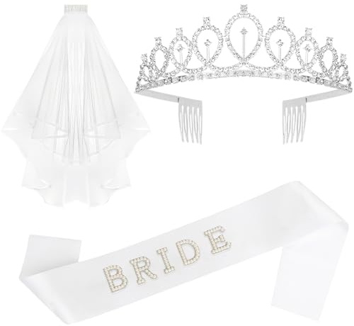 AMCAMI 3Pcs Bachelorette Party Decorations Silver Crown, Pearl Bride Sash&Veil For Women Bridal Shower Decorations Bachelorette Party Favors