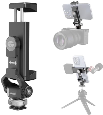 SIRUI AM-PH01 - Supporto per telefono in metallo con base a slitta fredda per supporto fotocamera, morsetto universale per smartphone con 3 espansioni Cold Shoe, supporto regolabile per treppiede