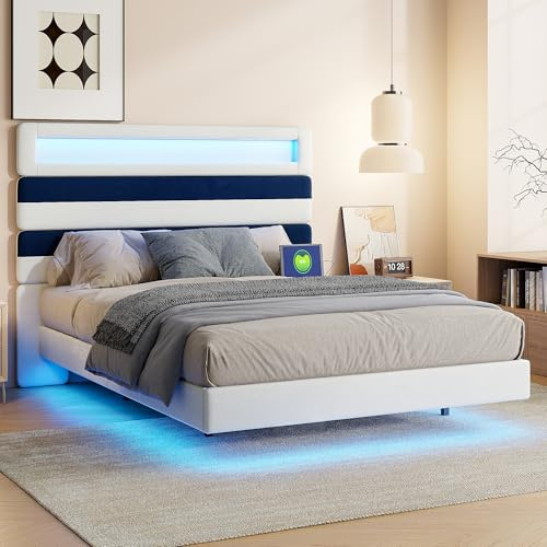 Flytande säng, 140 x 190 cm med LED-belysning, vadderade dubbelsängar med 2 USB-portar, sängram med ribbotten, 2 personer med sänggavel, modern (beige + blå, 140 × 190)