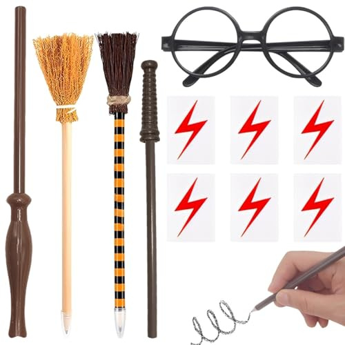 KUMSODE 4 Pezzi Set Matite a Bacchetta Magica, Tatuaggi Temporanei con Cicatrice a Forma di Fulmine, Premi Scolastici, Riempitivi per Borse Goody