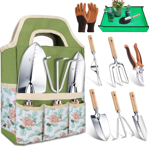 Kynup Ensemble Robuste d'Outils de Jardinage, Set de 9 Pièces d'Outils de Jardinage, Set de Jardinage en Acier Inoxydable, Set Cadeau Inoxydable avec Sac de Rangement Robuste, Poignée Ergonomique
