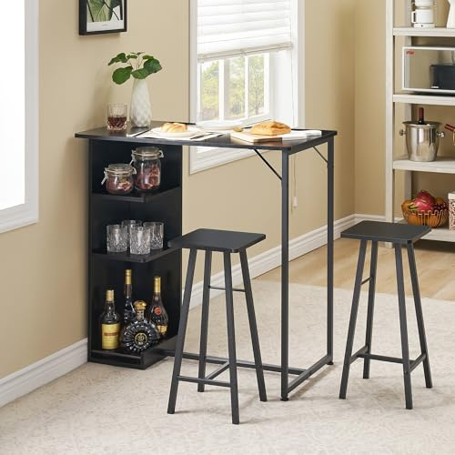 3 Piece Breakfast Bar Table Set, Bar Table and Stools Set with Steel Frame, Industrial Style Dining Table with Open Storage Shelves & Footrest, Space-Saving Design for Home Kitchen Pub Cafe - black
