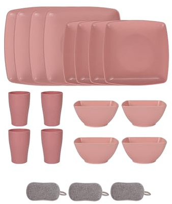 Fyrkantigt set i plast, återanvändbara skålar, tallrikar, koppar, okrossbara färgglada middagstallrikar, mikrovågsugnssäker, stor kapacitet, för hem camping picknickfest (rosa, 16 delars set)