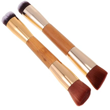 IMIKEYA Brocha de Maquillaje Doble Cabeza 2 Piezas, Mango de Madera de Bambú, Cerdas Densas Suaves para Rubor y Polvos Faciales, Pincel Multiusos para Maquillaje Profesional y Uso Diario