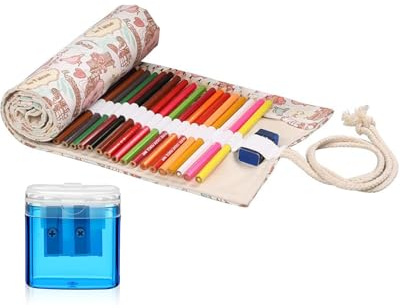DLPRK Rollo de Estuche 48 Compartimentos Estuche de Lápices de Colores de Tela Canvas con Sacapuntas Incluido para Artistas, Estudiantes y Escuela