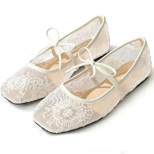 GHTRHSB Mary Jane Ballerines plates en dentelle brodée florale élégante avec nœud carré Bout carré Chaussures plates légères respirantes confortables Chaussures de travail décontractées pour femme