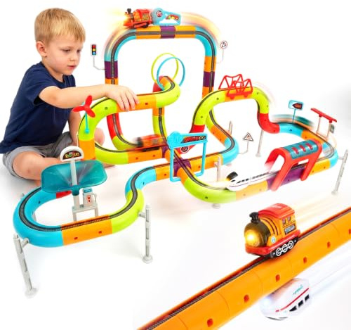 hahaland Train Électrique Enfant 3-8 Ans, 3D Circuit&2 Trains, 115 Pièces