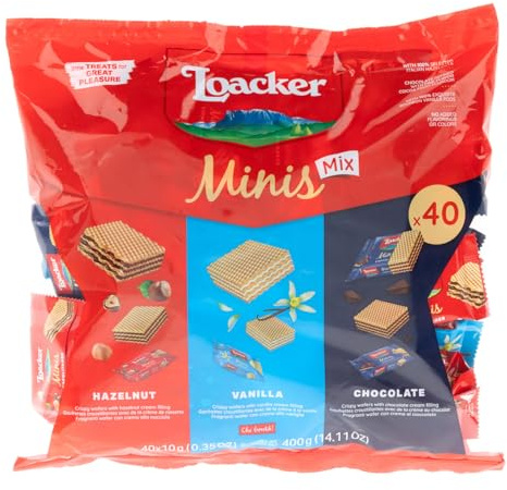 Loacker Minis Mix, Party Box di Mini Wafer Classic con Crema al Cioccolato, Nocciola e Vaniglia, 3 Varietà in 40 monoporzioni Minis, Confezione Convenienza da 400g