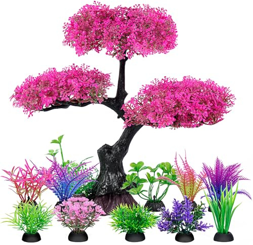 Ameliade Aquarium Artificial Plastic Plants Decoration, Pink Cherry Blossom Tree Aquarium Decor Set, Goldfish Betta Fish Tank Decorations Hides Accessories（Pink