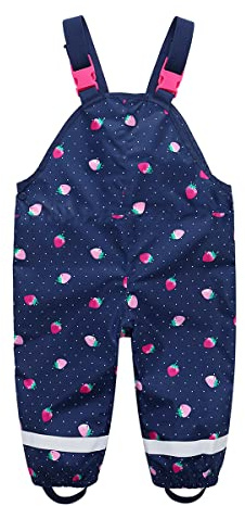 DAWILS Kids Rain Trousers Bib Overall Trousers Mud Pants Waterproof Dungarees Strawberry Rain Pants Toddler Puddle Suit for Outdoor Play 3-4 Years Navy Blue
