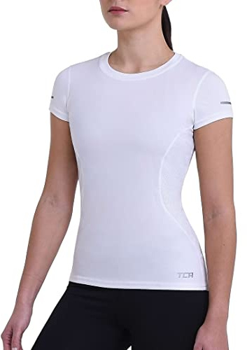 TCA Women's Atomic Short Sleeve Quickdry Gym Running Training Top - White (UPF 50+), L