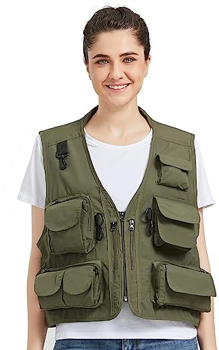Ziker Gilet da donna in rete traspirante traforato per fotografi, pesca, gilet da viaggio con tasche (as1, alfa, m, regolare, verde militare, taglia M), Nuovo verde militare, M