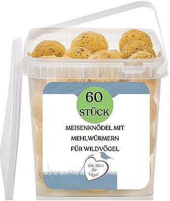 Vogelknödel Premium Meisenknödel ohne Netz, 60 Stück mit Mehlwürmern im wiederverwendbaren Eimer - 5,4 kg - Hochenergetische Nahrungsquelle für Wildvögel - Qualität, die Man schmeckt!