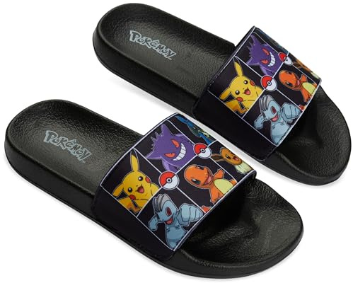 Pokemon Boys Sliders, Beach or Pool Shoes for Kids - Gamer Gifts (Black/Multi, 12 UK)