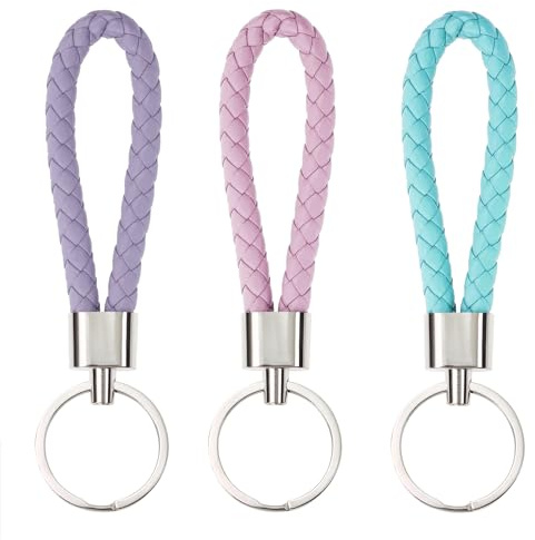 PPhtony Braided Leather Key Fob Car Keychain Ring Woven Strap Keychain Accessories for Men Women Birthday Christmas Gifts (3, Pink, Blue, Purple)