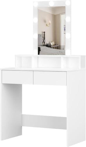 Panana Dressing Table with Led Lights Mirror Adjustable Brightness, Vanity Makeup Table with 2 Drawers (WH-08)