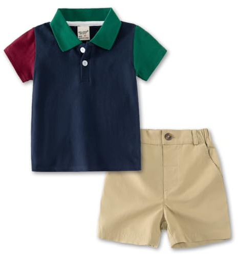 Volunboy Bebé Niño Verano Conjunto, Manga Corta Polo Shirt + Pantalones Cortos Traje Casual Ropa 2 Piezas(Patchwork Azul,5-6 años,Tamaño 130)